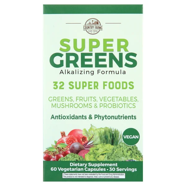 Country Farms Super Greens Vegicaps, 32 Super Foods, Whole Food Supplement, Greens, Fruits, Vegetables, Mushrooms & Probiotics, Rich in Antioxidants & Phytonutrients, 60 Count, 30 Servings